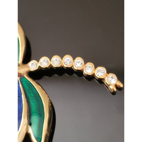 Dragonfly Pin Brooch Blue Green enamel on Wings Rhinestones on Tail Nice Quality - Picture 4 of 8